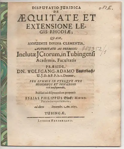 Glock, Esaias Philipp: aus Frankfurt, Main: Juristische  Disputation. De aequitate et extensione legis Rhodiae. 