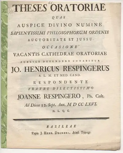 Respinger, Johann: Theses oratoriae. 