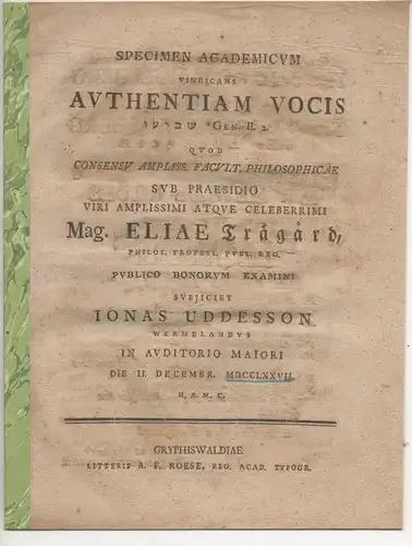 Uddesson, Jonas: aus Värmland: Specimen academicum vindicans authentiam vocis, Gen. II. 2. 
