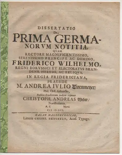 Weber, Christoph Andreas: aus Nordhausen: Philosophische Dissertation. De prima Germanorum notitia. 