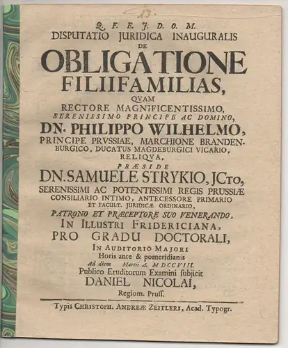 Nicolai, Daniel: aus Königsberg: Juristische Inaugural- Disputation. De obligatione filiifamilias. 