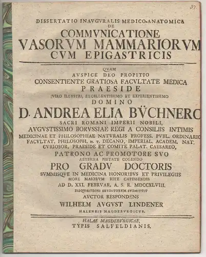 Lindener, Wilhelm August: Medizinische Inaugural-Dissertation. De communicatione vasorum mammariorum cum epigastricis. 