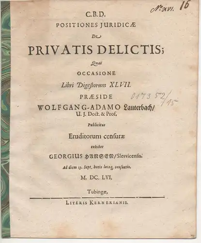 Hansen, Georg: aus Schleswig: Juristische  Disputation. De privatis delictis. 