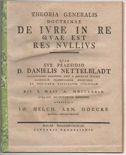 Goecke, Johann Melchior Arnold: aus Altena: Juristische  Disputation. De iure in re, quae est res nullius. 