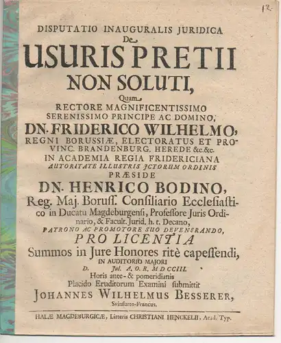 Besserer, Johann Wilhelm: aus Schweinfurt: Juristische Inaugural- Disputation. De usuris pretii non soluti. 