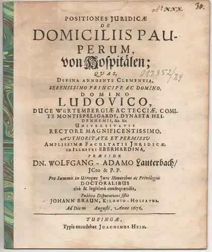 Braun, Johann: aus Kiel: Positiones iuridicae de domiciliis pauperum. 