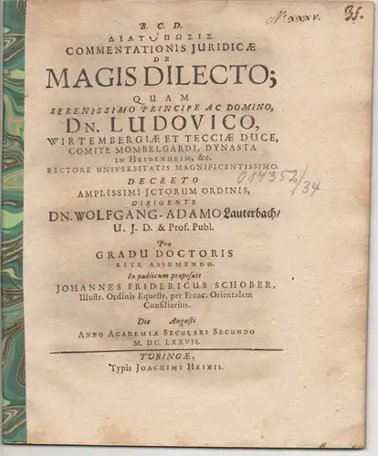 Schober, Johann Friedrich: Diatiposis Commentationis iuridicae de magis dilecto. 