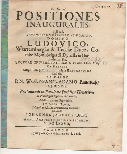 Vischer, Johann Jacob: Positiones inaugurales. 