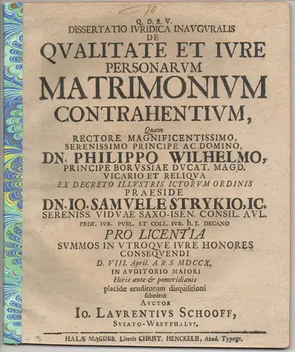 Schooff, Johann Lorenz: aus Soest: Juristische Inaugural-Dissertation.  De qualitate et iure personarum matrimonium contrahentium. 