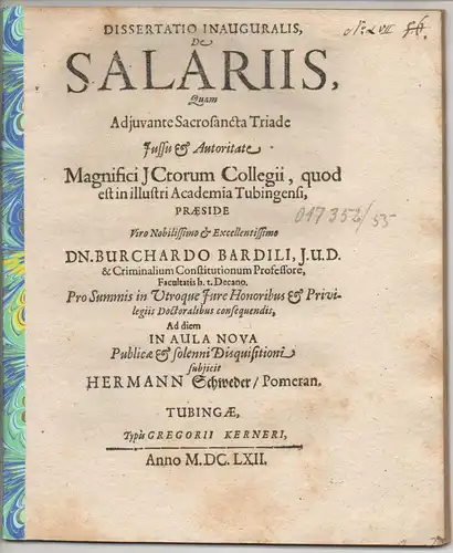 Schweder, Hermann: aus Pommern: Juristische Inaugural-Dissertation. De salariis. 