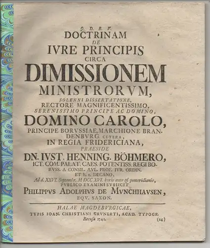 Münchhausen, Philipp Adolph von: Juristische Dissertation. De iure principis circa dimissionem ministrorum. 