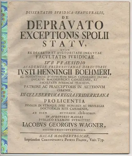 Wagner, Jacob Georg: aus Frankfurt, Main: Juristische Inaugural-Dissertation. De depravato exceptionis spolii statu. 