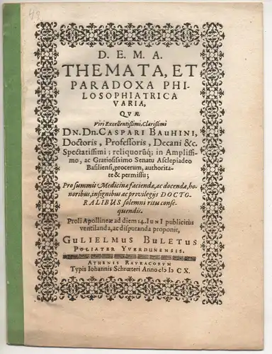 Buletus, Wilhelm: Themata, et paradoxa philosophiatrica varia. 