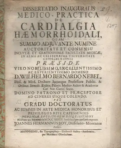 Boy, Johann Hermann: MedizinischeJuristische Inaugural-Dissertation. De cardialgia haemorrhoidali. 