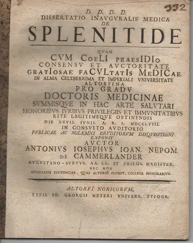 Cammerlander, Anton Joseph Johann Nepomuk de: Medizinische Inaugural-Dissertation. De splenitide. 