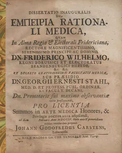 Carstens, Johann Gottfried: aus Lübeck: Medizinische Inaugural-Dissertation. De empeiria rationali medica. 