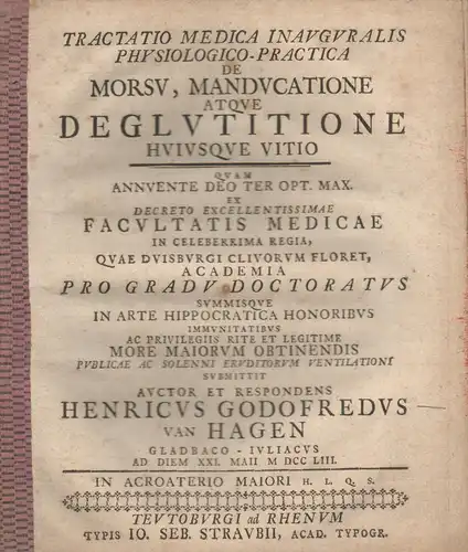 Hagen, Heinrich Gottfried van: aus Gladbach-Jülich: Medizinische Inaugural-Dissertation. De morsu, manducatione atque deglutitione huiusque vitio. 