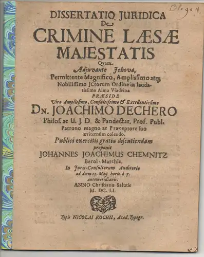 Chemnitz, Johann Joachim: aus Berlin: Juristische Dissertation. De crimine laesae maiestatis. 