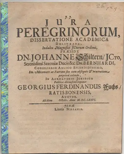 Fuchs, Georg Ferdinand: aus Regensburg: Juristische Dissertation. Iura peregrinorum. 