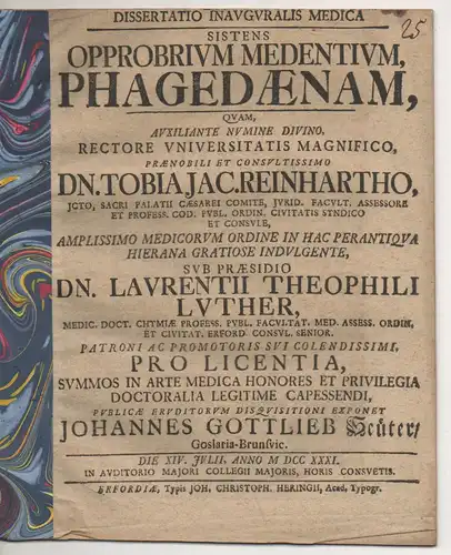 Heuter, Johannes Gottlieb: aus Goslar: Medizinische Inaugural-Dissertation. Opprobrium medentium phagedaenam. 