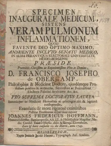 Hoffmann, Johann Friedrich: aus Memmelsdorf: Medizinische Inaugural-Dissertation. Veram pulmonum inflammationem. 
