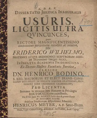 Meyer, Heinrich: aus Bremen: Juristische Inaugural-Dissertation. De usuris, licitis ultra quincunces. 