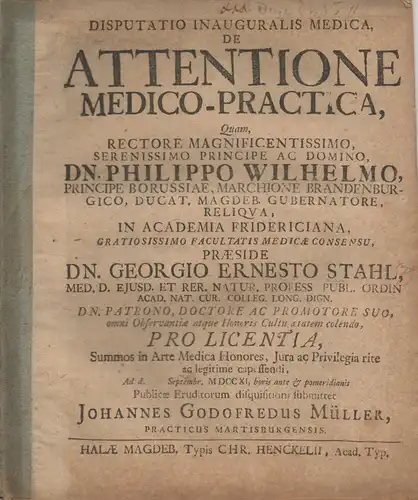 Müller, Johann Gottfried: Medizinische Inaugural-Disputation. De attentione medico-practica. 