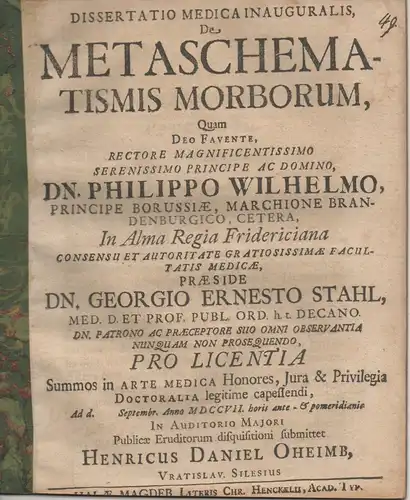 Oheimb, Heinrich Daniel: aus Breslau: Medizinische Inaugural-Dissertation. De metaschematismis morborum. 