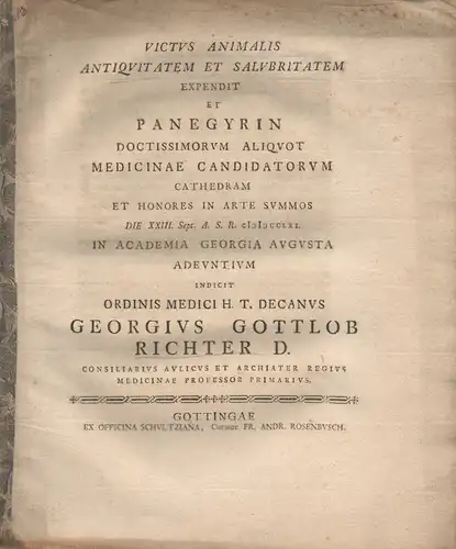 Richter, Georg Gottlob: Victus animalis antiquitatem et salubritatem. 