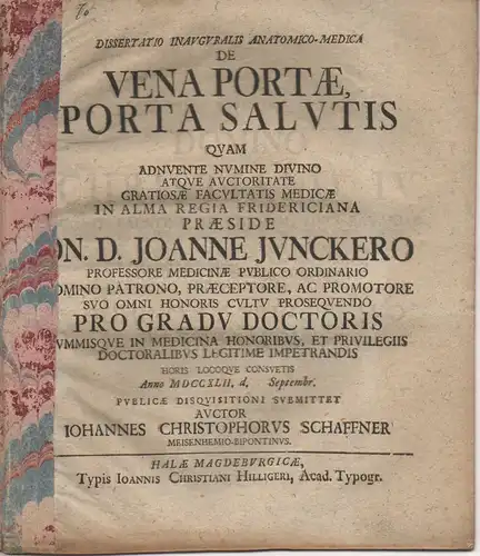 Schaffner, Johann Christophorus: aus Meisenheim: Medizinische Inaugural-Dissertation. De vena portae, porta salutis. 