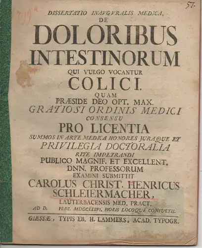 Schleiermacher, Carl Christian Heinrich: Medizinische Inaugural-Dissertation. De doloribus intestinorum, qui vulgo vocantur colici. 