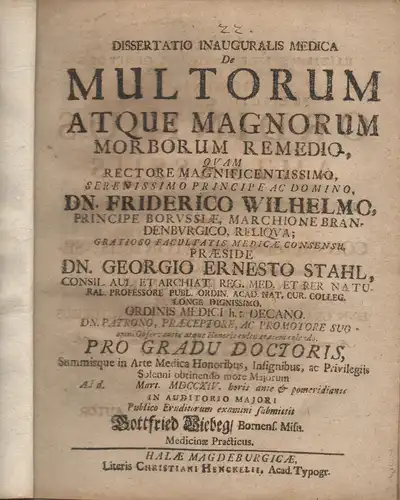 Viebeg, Gottfried: aus Borna: Medizinische Inaugural-Dissertation. De multorum atque magnorum morborum remedio. 