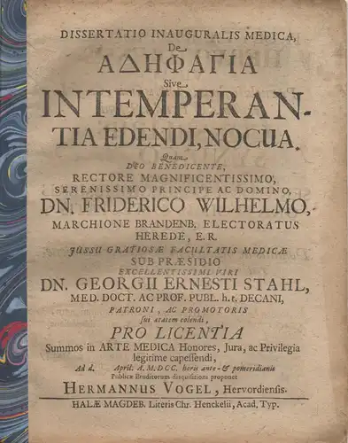 Vogel, Hermann: aus Herford: Medizinische Inaugural-Dissertation. De adephagia sive intemperantia edendi, nocua. 