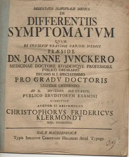 Klermondt, Christoph Friedrich: aus Seehausen: Medizinische Inaugural-Dissertation. De differentiis symptomatum. 