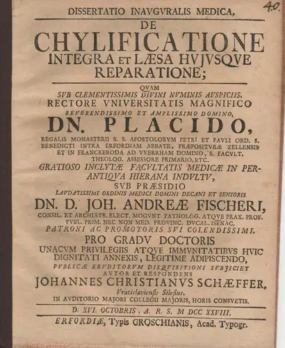 Schäffer, Johann Christian: aus Breslau: Medizinische Inaugural-Dissertation. De chylificatione integra et laesa hujusque reparatione. 