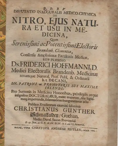 Schmalkalden, Christian Günther: aus Gotha: Medizinische Inaugural-Disputation. De Nitro, eiusque natura et usu in medicina (Über Stickstoff, seine Natur und Anwendung in der Medizin). 