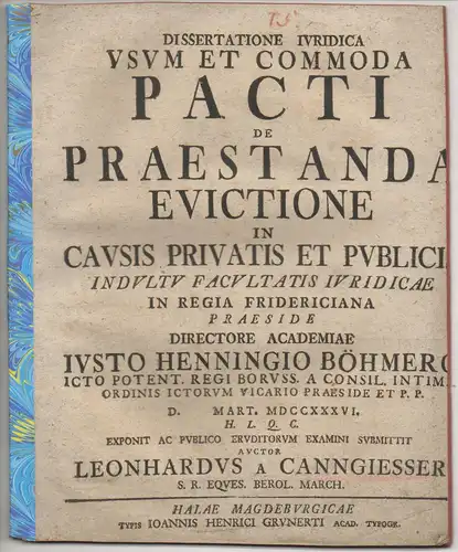 Canngießer, Leonhard Heinrich Ludwig Georg von: Juristische Dissertation. Usus et commoda pacti de praestanda evictione in causis privatis et publicis. 