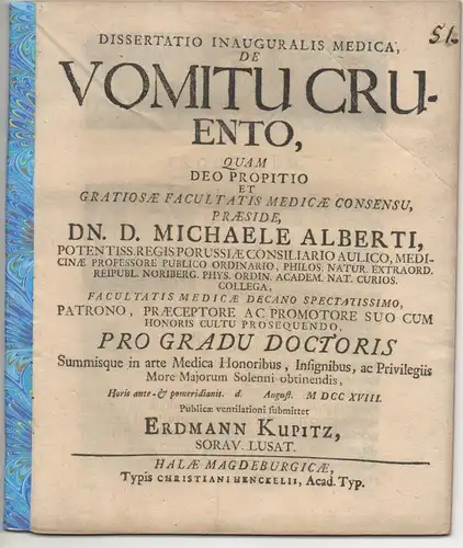 Kupitz, Erdmann: aus Sorau: Medizinische Inaugural-Dissertation. De vomitu cruento. 
