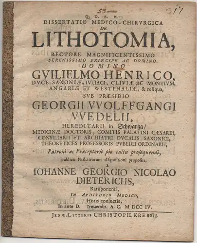 Dieterichs, Johann Georg Nikolaus: aus Regensburg: Medizinische Dissertation. De lithotomia. 