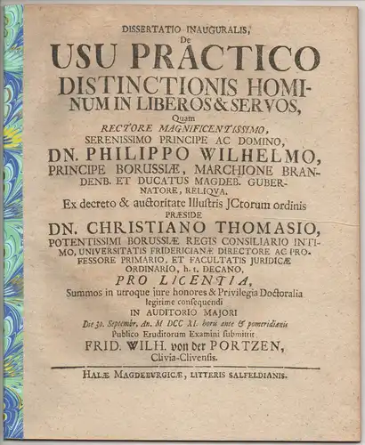 Portzen, Friedrich Wilhelm von der: aus Kleve: Juristische Inaugural-Dissertation. De usu practico distinctionis hominum in liberos et servos. 