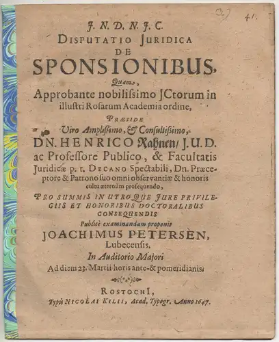 Petersen, Joachim: aus Lübeck: Juristische Disputation. De sponsionibus. 