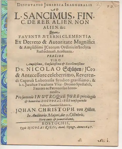 Hillen, Johann Christoph von: Juristische Inaugural-Disputation. Ad L. Sancimus, Fin. C. De Reb. Alien. Non Alien. &c. 