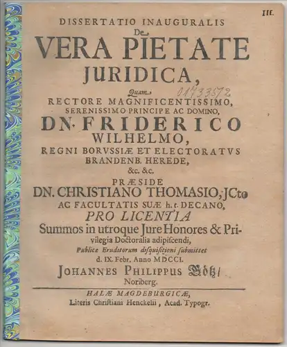 Götz, Johann Philipp: aus Nürnberg: Juristische Inaugural-Dissertation. De vera pietate iuridica. 