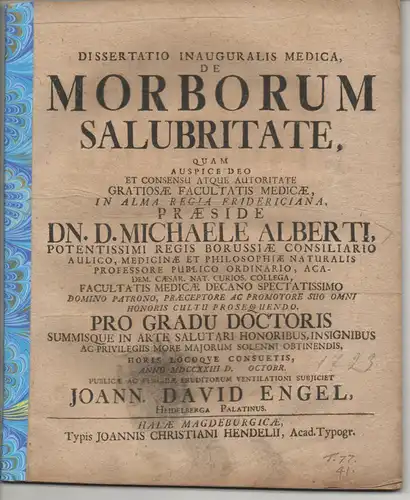 Engel, Johann David: aus Heidelberg: Medizinische Inaugural-Dissertation. De morborum salubritate. 