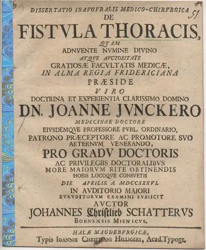 Schatter, Johann Christlieb: aus Borna: Medizinische Inaugural-Dissertation. De fistula thoracis. 