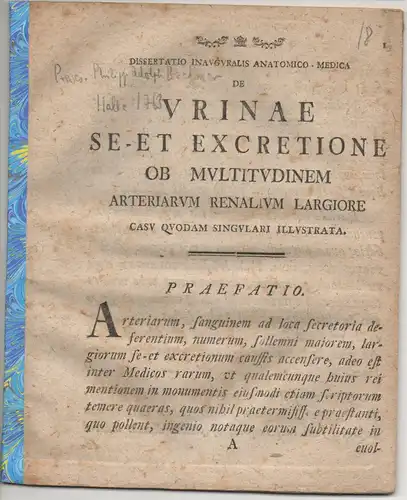 Meuder, Carl Heinrich: Medizinische Inaugural-Dissertation. De urinae se-et excretione ob multitudinem arteriarum renalium largiore casu quodam singulari illustrata. 