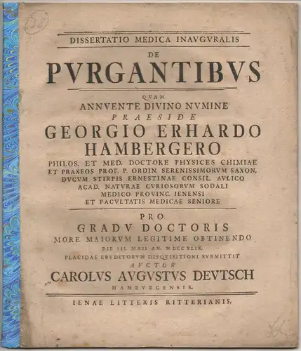 Deutsch, Carl August: aus Hamburg: Medizinische Inaugural-Dissertation. De purgantibus. 
