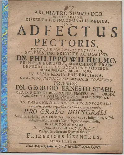 Gesner, Friedrich: aus Brieg: Medizinische Inaugural-Dissertation. Adfectus pectoris. 