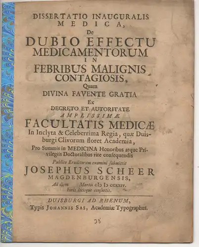 Scheer, Joseph: aus Magdeburg: Medizinische Inaugural-Dissertation. De dubio ffectu medicamentorum in febribus malignis contagiosis. 