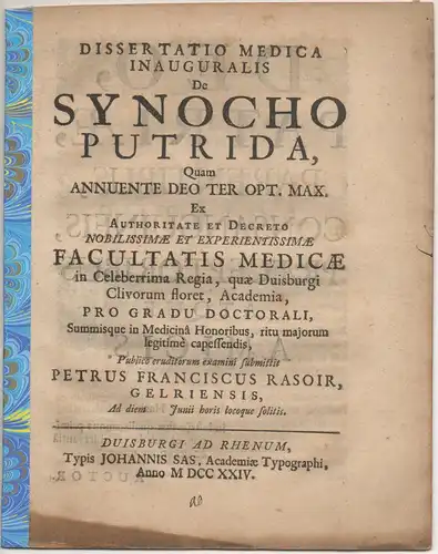 Rasoir, Peter Franz: aus Geldern: Medizinische Inaugural-Dissertation. De synocho putrida. 